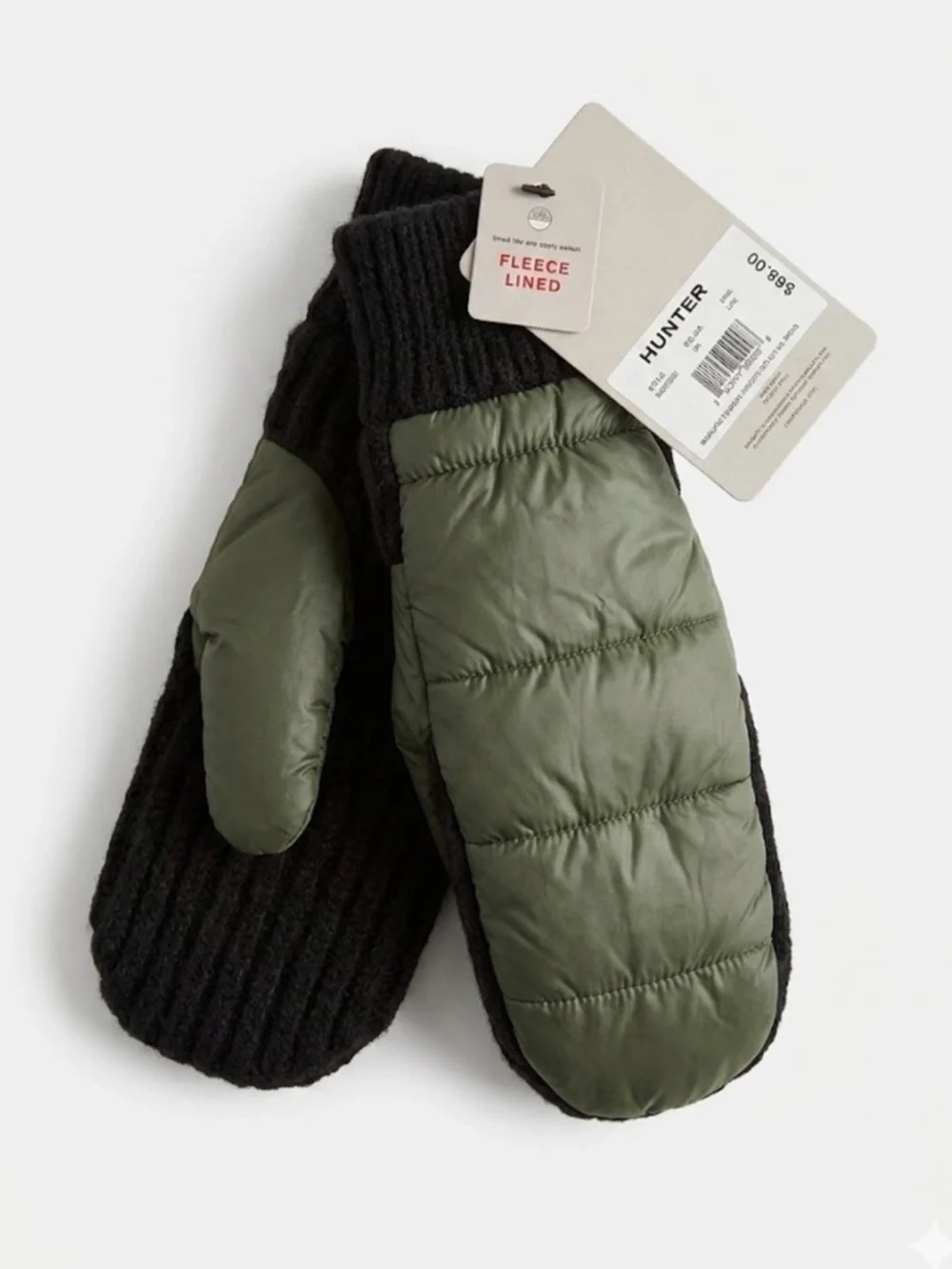 Hunter Fleece Lined Puffer Knit Mittens Olive Green Black L/XL
